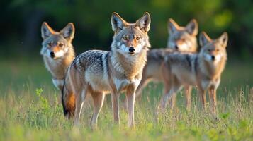 A pack of coyotes standing in a grassy field looking straight ahead, with blurred trees in the background, in natural outdoor setting. photo