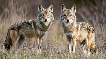Two coyotes stand side-by-side in a field of dry grass, their tawny fur blending with the natural background, exuding a wild elegance. photo