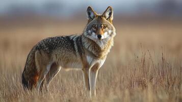 A coyote standing in a field of dry grass gazes forward, its golden fur and alert expression capturing the essence of its wild nature. photo