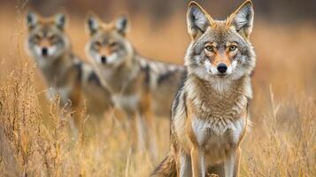 Three canids stand in a golden field, alert. The front one is sharp in focus while the other two are blurred and stand behind it. photo