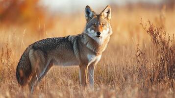 Coyote standing in a grassy field looking at the camera with a warm, neutral colored background. The Coyote is alert and watching. photo