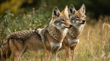 Two Coyotes standing alert in tall grass, their fur a mix of brown, gray, and tan, alert and ready in their natural environment. photo