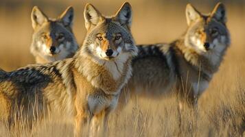 A trio of alert coyotes stands amidst tall, dry grass, their eyes fixed on something in the distance with their fur blending. photo