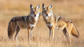 Two coyotes stand alert in a grassy field, their tawny fur blending with the natural tones of their environment, watchful and calm. photo