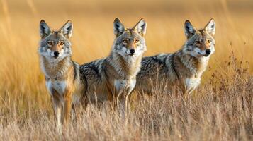Three coyotes stand alert in a field of tall, golden grass, their keen eyes scanning the horizon under the soft light of the open prairie. photo