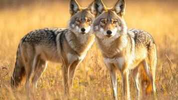 A pair of canids, seemingly coyotes, stand alert in a grassy field bathed in golden sunlight, their fur blending with the warm tones. photo