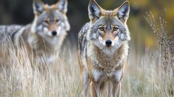 Two canines stand alert in a field, one in sharp focus, showcasing their adaptability and intelligence in their natural environment. photo