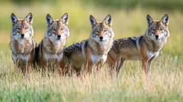 Four Coyotes Standing in a Grassy Field, Eyes on the Viewer, Fur is Visible and Detailed, Outdoor Daytime Shot, Natural Setting photo