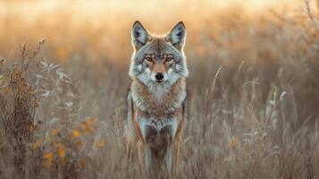 A majestic coyote stands alert in a serene field, its gaze piercing and focused against a soft, golden, natural backdrop. photo