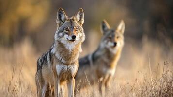 Coyotes in a field. The closest coyote stares intently, with another blurred behind it amidst golden grass under warm sunlight. photo