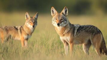 Two coyotes stand alert in a sunlit grassy field, one watching directly forward, the other blurred in the background. photo