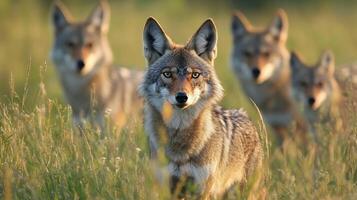 A pack of coyotes stands alert in a field of tall grass, their eyes focused, creating an ambiance of watchful anticipation. photo
