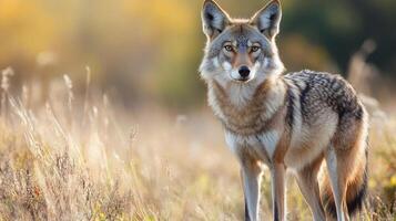 Alert coyote standing in a field. The wild animal is looking towards the camera in the light of the late day. The coat is gray and brown. photo