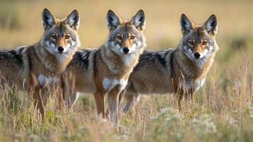 Three canines stand alert in a field, their gaze fixed on the viewer, creating an intense wildlife encounter in the golden light. photo