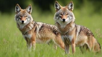 Two Coyotes stand tall in a field of vibrant green, their striking fur blending with nature's hues, as they observe their serene habitat. photo