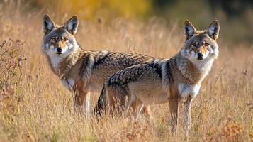 Two coyotes stand alert in a field of tall, golden grass, their eyes focused on something in the distance in the golden light. photo