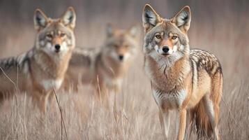 Three Coyotes Standing in Field looking at viewer. Tall grass. One coyote is focused and the other two are blurred in the background photo