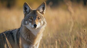A captivating portrait of a coyote, its gaze direct and intense, set against a golden, grassy backdrop during the warm hours of the day. photo