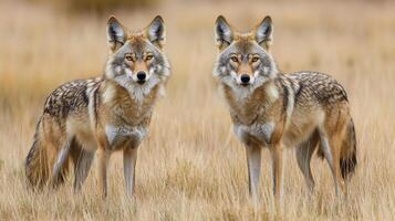 A pair of wild canines standing side-by-side in a grassy field, their tan and black patterned fur blending with the environment. photo