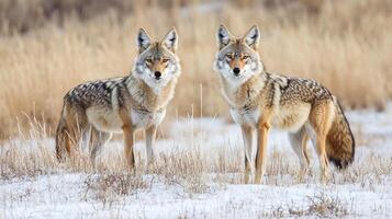 Two coyotes stand side by side in a snowy field, their fur blending with the golden grasses and winter landscape, watchful and wild. photo