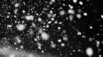 Abstract shot featuring snowfall with bokeh effect against a dark background, creating an ethereal, almost dreamlike quality. photo