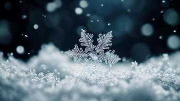 Macro shot of a delicate, intricate snowflake on a bed of snow, highlighting its unique crystal structure and the beauty of winter's touch. photo
