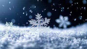Detailed snowflake on snow covered surface. A close-up captures the intricate design of the ice crystal against a blurry backdrop. photo