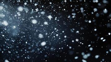 A mesmerizing dance of snowflakes captured against a dark backdrop, creating a serene winter scene with soft, ambient light. photo