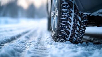 Car tire with tread marks in snowy road. Driving safely during winter, utilizing snow tires for road safety in winter weather conditions. photo