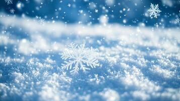 Snowflakes gently falling on a crisp winter day, blanketing the world in a peaceful silence, creating a serene and magical scene. photo