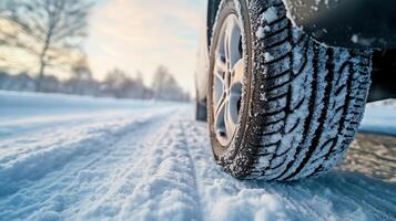 Car tire rolling on a snowy road. The tire treads are covered in snow and the road is entirely white. A winter driving scene. photo