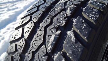Close-up of a black tire with detailed tread patterns, partially covered in snow, on a snowy surface on a bright, sunny day. photo