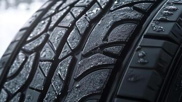 Close up of a tire with a detailed tread pattern, partially covered in water droplets or ice crystals, suggesting winter conditions. photo