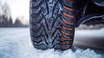 Winter tire grip displayed on snow surface. Tire has an aggressive tread pattern offering enhanced traction in snowy conditions. photo