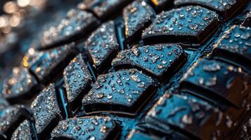 Close-up of a tire tread with water droplets, enhancing grip and symbolizing durability in challenging driving conditions. photo