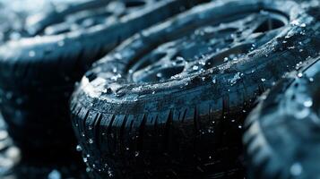Icy tires are pictured up close. The tires are covered in ice and snow, and the treads are clearly visible in the cool and wet conditions. photo
