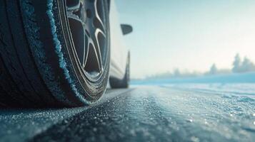 A car tire with snow on a road covered in ice and snow, set against a background of trees and a blue sky. photo