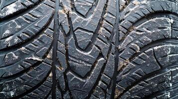 Close-up of a black tire with visible tread pattern, partially covered in snow, showcasing winter driving conditions and tire grip. photo