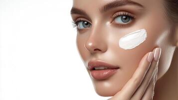 Close-up of a woman applying white cream to her face for skincare. The background is plain white, emphasizing the model and cream. photo