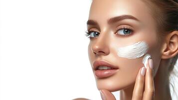 A radiant woman gently applies a white moisturizing cream to her cheek, enhancing her complexion. The light background accentuates her glow. photo