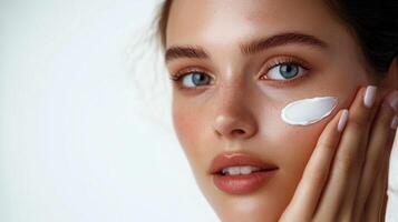 Radiant beauty applying skincare. A close-up of a woman gently applying a white cream to her cheek, emphasizing her flawless complexion. photo