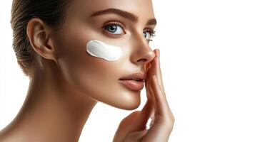 Elegant woman applying a white cream on her face. The background is bright white with a beauty concept. photo