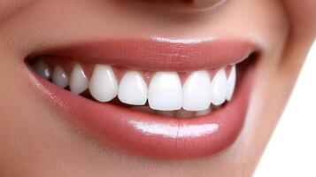 A close-up captures a gleaming white smile. The lips have a shiny and healthy look, complementing the dental perfection. photo