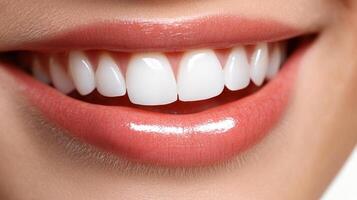 A radiant smile showcases perfectly aligned white teeth against a backdrop of smooth, glossy lips with soft pink lipstick. photo