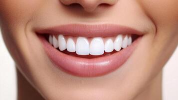 Close-up showcasing a radiant, healthy smile. White teeth are visible. Lips are a natural pink color, adding to overall positive expression. photo