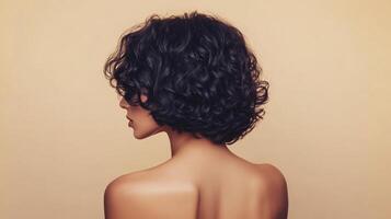 A woman showcases a stylish, curly, bob hairstyle against a tan background, focusing on the back view and overall elegance. photo