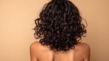 Back view of a model showcasing naturally curly dark brown hair against a tan background, highlighting texture and shape for hair care concepts. photo