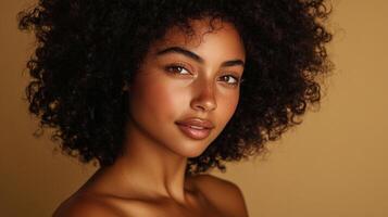 Portrait of a beautiful woman with stunning complexion and natural, voluminous curly hair against a neutral background. Her eyes sparkle with warmth. photo