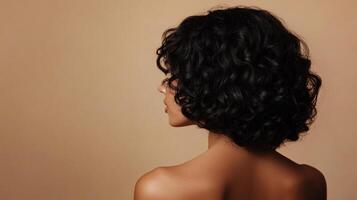 Elegant woman with a stylish dark curly bob hairstyle. Seen from the rear and side profile against a complementary warm background. photo