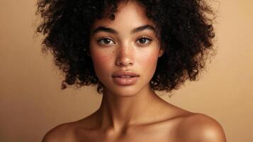 Portrait of a young woman with beautiful skin, freckles, and curly hair. She is looking directly at the camera with a neutral expression. photo